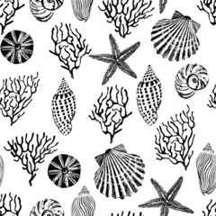 Black and white marine seamless pattern of corals, shells, starfish. Black ink brush texture