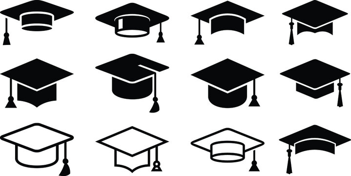 Graduation hat cap icons set. Academic cap. Graduation student black cap and diploma - stock vector.