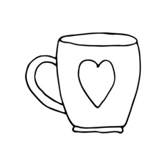 Ceramic large white mug for coffee or tea with heart print. Doodle. Hand drawn vector illustration. Outline.