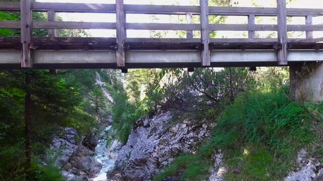 Aerial shot of beautiful Gleirschklamm' Gorge, unspoiled waterfalls of Isar source