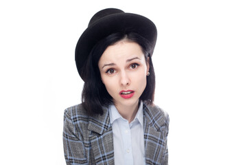 cute woman in office suit and top hat, white studio background