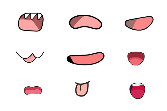Mouth animation. Funny cartoon mouths set with expression. Cartoon talking mouth and lips vector animations poses