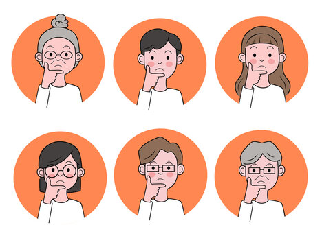 Group of cartoon thoughtful people. Problem solving and choice. Vector modern illustration.