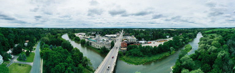 Aerial panorama of St Jacobs, Ontario, Canada on a fine day