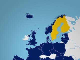 Finland and Sweden joining in nato map. 3D render european map illustration with empty space for copy paste text.