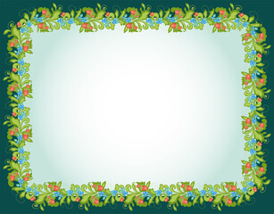Decorative background with floral border from twigs with ripe strawberries and blueberries