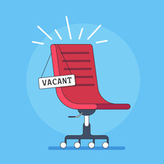 Red office chair vacant on blue background. Business recruiting concept. Vector illustration..