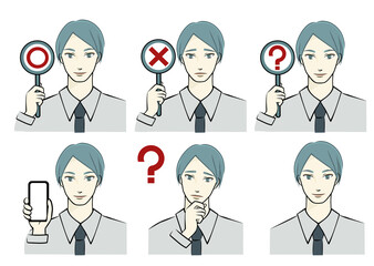 丸やバツのプレートや携帯電話を持ったジェンダーレス男性のアイコンセット