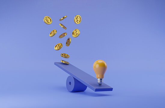 Lightbulb and golden coins flowing on seesaw for symbol of creative thinking idea and problem solving can make more money concept by 3d render illustration.