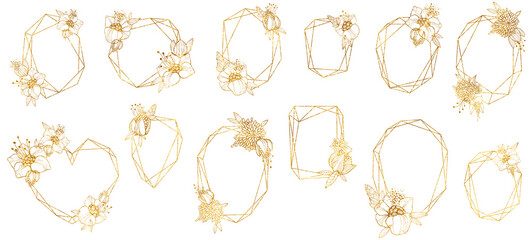 Gold floral frames, thin line crystal shapes with flowers, leaves and pollen, isolated on white...