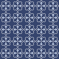 Vector. Seamless mediterranean geometric pattern in patchwork style. Talavera template. Portuguese Azulejo. Turkish decoration. Moroccan mosaic. Spanish porcelain. Ceramic dishes, folk ornament. Blue.