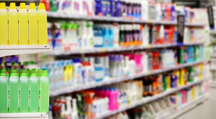 shopping in supermarket.(washing powder,detergent,shampoo, soap).