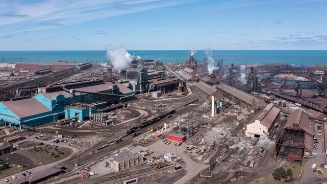 Afternoon sun shines on the industrial district of Gary, Indiana, USA.
