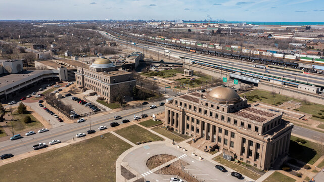 Afternoon aerial view of downtown Gary, Indiana, USA.