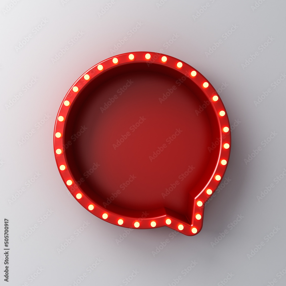 Poster Retro round speech bubble with shining neon light bulbs isolated on white wall background with shadow creative idea concepts 3D rendering