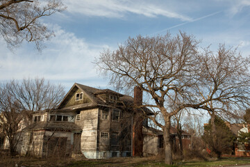 Afternoon light shines on a historic neighborhood in downtown Gary, Indiana, USA.