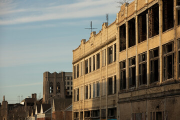 Afternoon light shines on the ruined historic skyline of downtown Gary, Indiana, USA.