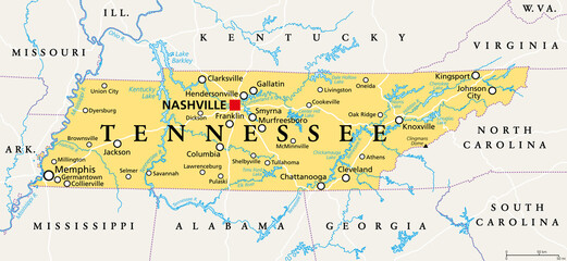 Tennessee, TN, political map, with capital Nashville, largest cities, lakes and rivers. State of Tennessee. Landlocked state in Southeastern region of the United States, nicknamed The Volunteer State. - obrazy, fototapety, plakaty