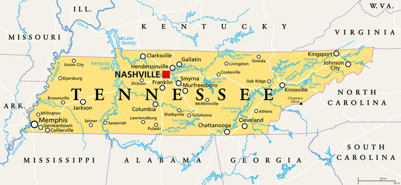 Tennessee, TN, political map, with capital Nashville, largest cities, lakes and rivers. State of Tennessee. Landlocked state in Southeastern region of the United States, nicknamed The Volunteer State.