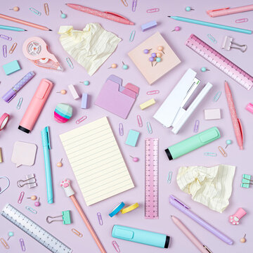 Stylish stationery on pink background. School stationery or office supplies. Workplace organization. Concept back to school.