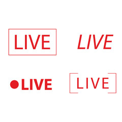 Set of live streaming icons. Online channel, live event stickers isolated. Red symbols and buttons of live streaming, broadcasting, online stream.
