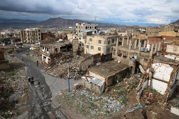 Houses destroyed due to the violent war in the city of Taiz, Yemen