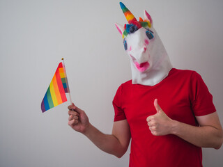 Man in rainbow colored unicorn mask with thumbs up, lgtb flag and copy space © Dani