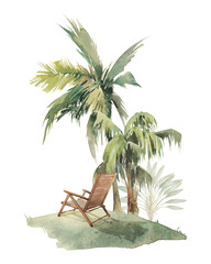 Tropic vacation illustration. Deck chair and palm trees scene isolated on white background. Lounge watercolor artwork