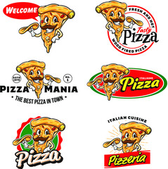 Set of pizza logo with pizza mascot illustration