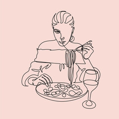 Line art Beautiful girl is sitting in a restaurant eating spaghetti and drinking wine. Minimalist cafe illustration