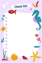 Obraz na płótnie Canvas Cute marine life To do planner template. Daily sea life check list. Organizer and schedule with underwater creatures and plants. Colorful cartoon vector illustration