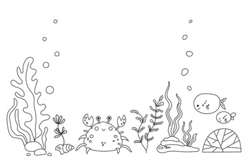 Underwater world with seaweed, crab, fish in sea or ocean. Undersea background with place for text. Sketch style seabed landscape with marine flora and fauna. Hand drawn vector illustration