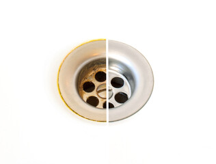 Compare before and after clean the Dirty sink, rusty stain on an old and dirty sink and a rusty...