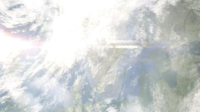 Earth zoom in from outer space to city. Zooming on Karlstad, Sweden. The animation continues by zoom out through clouds and atmosphere into space. Images from NASA