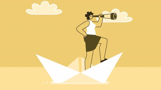 Yellow Style Woman Flat Character Looking Through Telescope and Sailing on Paper Boat. Isolated Loop Animation with Alpha Channel