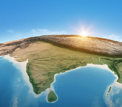 Physical map of Planet Earth, focused on India, South Asia. Satellite view, sun shining on the horizon. 3D illustration - Elements of this image furnished by NASA