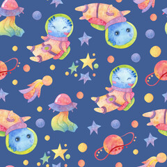 Fototapeta na wymiar Seamless pattern. Watercolor Space. Cartoon Alien, rockets, planets. On a blue background