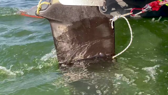 Rudder blade close up. Afterpiece of rudder. Part of catamaran control. Stern drive on boat. Steering device of sea and river vessels. Rear view of a sailboat floating on water.