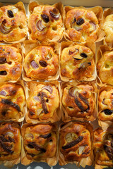 Dough balls, focaccia bread with onion and olives