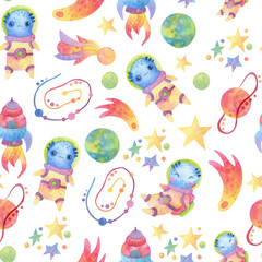 Seamless pattern. Watercolor Space. Cartoon Alien, rockets, planets. On a white background