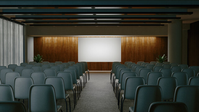 View of auditorium, classroom, lecture hall. Slider equipment. Professional interior 3d rendering
