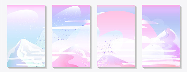 Nature covers with mountains, clouds, sun in light shades of muted blue, purple and pink