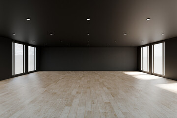 Empty room with black wall background wooden floor, Living room - 3D Rendering