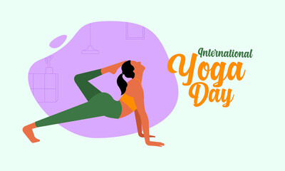 Young woman in Yoga Pose vector on International yoga day, the girl is doing the stretching exercises at home. Vector flat illustration