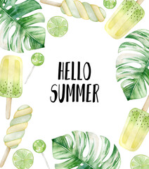 Watercolor illustration card hello summer with ice cream, monstera, lime. Isolated on white background. Hand drawn clipart. Perfect for card, postcard, tags, invitation, printing, wrapping.