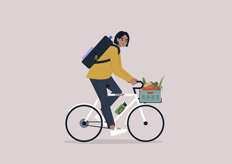 Obraz premium A young female Caucasian character riding a bike with a crate full of vegetables and fruits