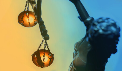 Top view of Lady Justice. Conceptual image of justice, law and legal system. Selective focus on...