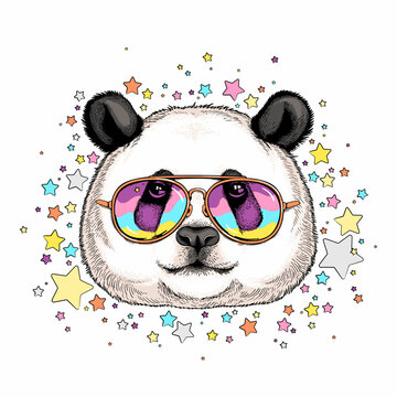 Cute big panda on a background of stars. Vector illustration. Stylish image for printing on any surface