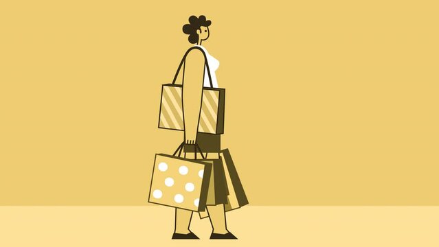 Yellow Style Woman Flat Character Walking with Shopping Bags in Hand. Isolated Animation with Alpha Channel