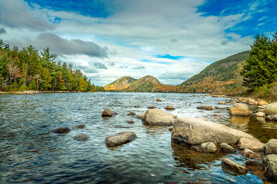 Scenery with boulders at the Jordan Pond in the Acadia National Park, Maine USA